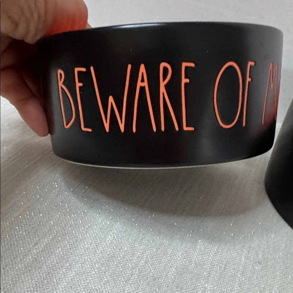 Rae Dunn BOO & BEWARE OF ME Halloween 6” pet Food Water Bowls Black Orange NWOT